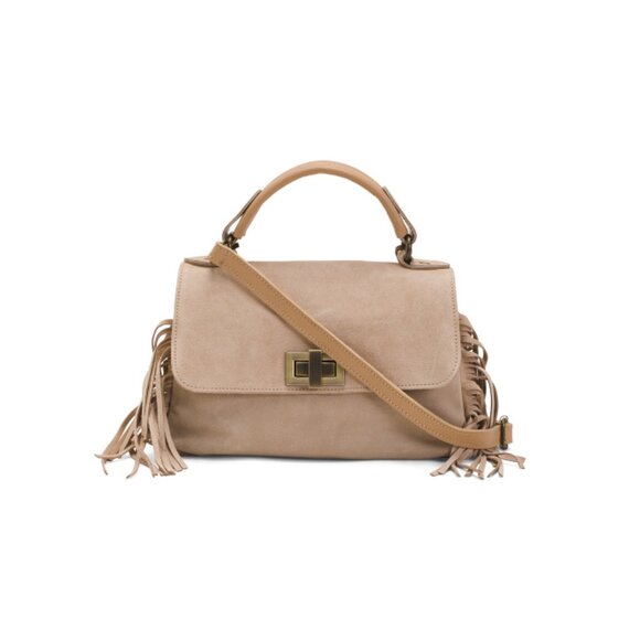 MARLON Champagne Made In Italy Leather Flap Over Satchel With Corner Fringe